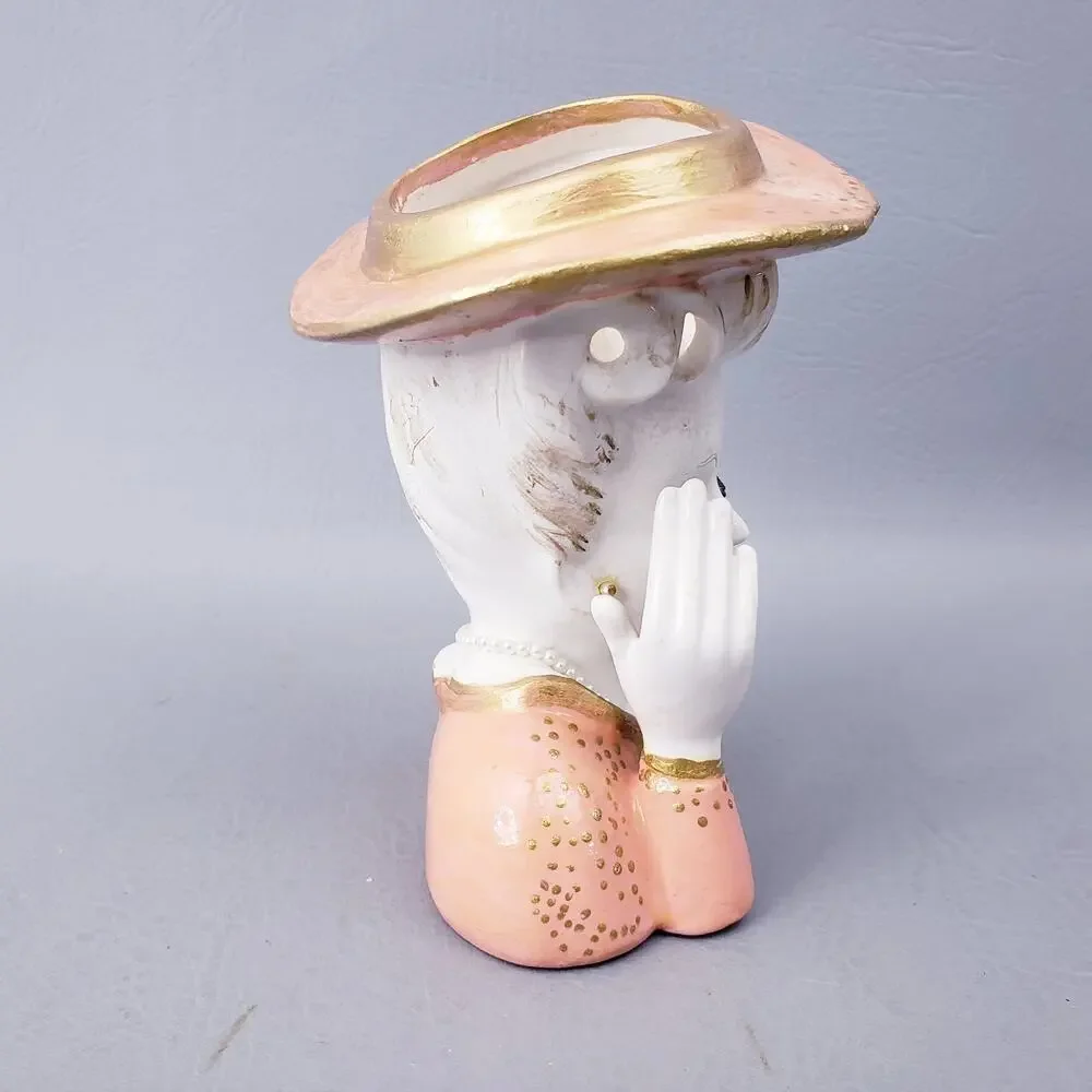 Vintage Lady Head Vase Headache W/ Eyelashes Pearl Necklace Gold Earrings Peach